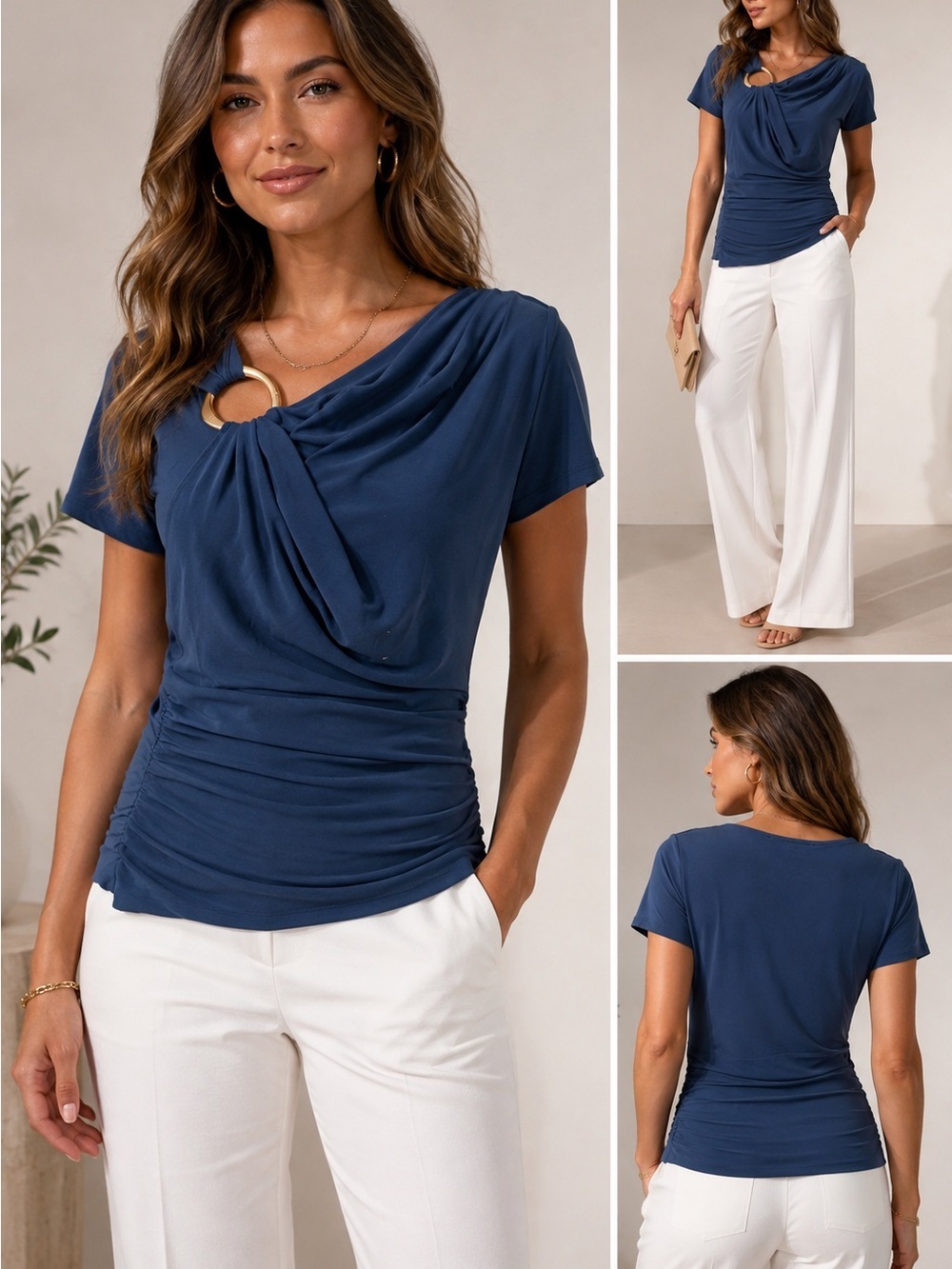 White House Black Market Navy Short-Sleeve Draped Top with Ring Accent